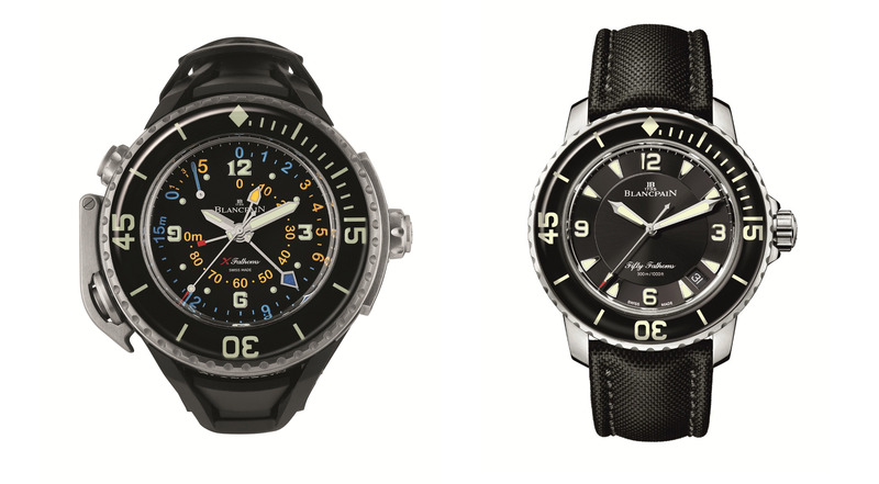 (左)BLANCPAIN 五十噚Xfathoms自動潛水腕錶,全世界第一只機械式三段式測水深,1,296,000元;(右)BLANCPAIN 五十噚系列三針日期自動腕錶,479,000元。